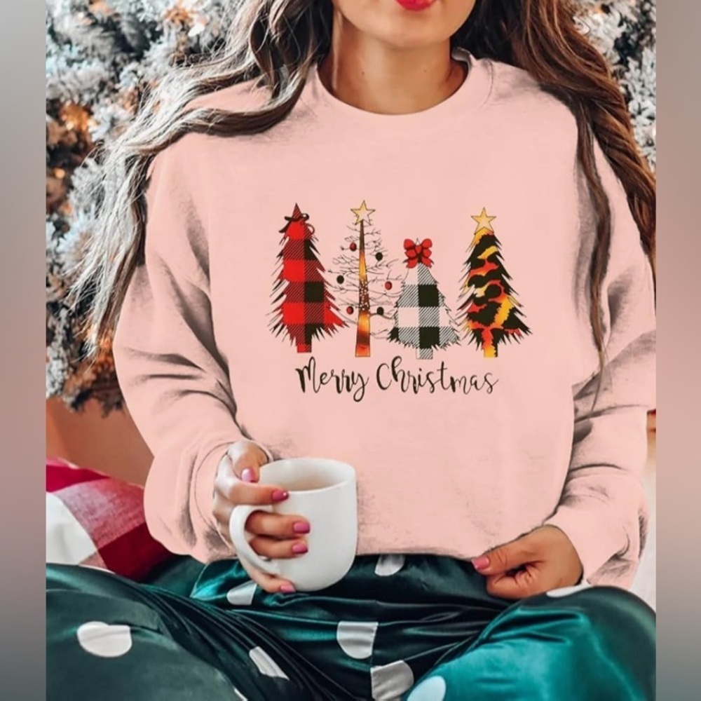 New-XL Sweatshirt Drop Shoulder Long Sleeve Christmas Tree Pullover Shirt